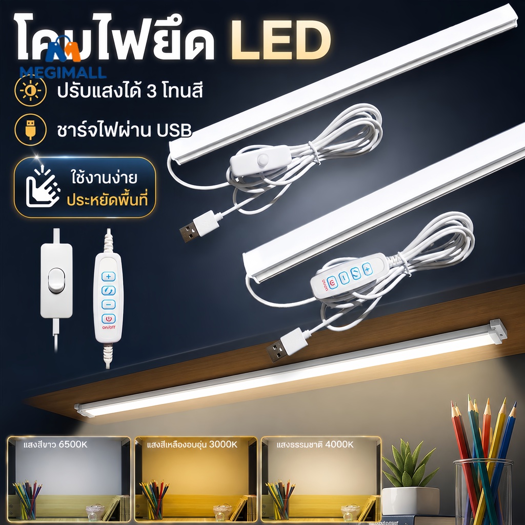หลอดไฟLED ไฟอ่านหนังสือ 35/45CM แถบไฟ LED 5V Mobile USB Tube USB มีปุ่มปรับสีไฟ การเรียนที่โต๊ะเรียน