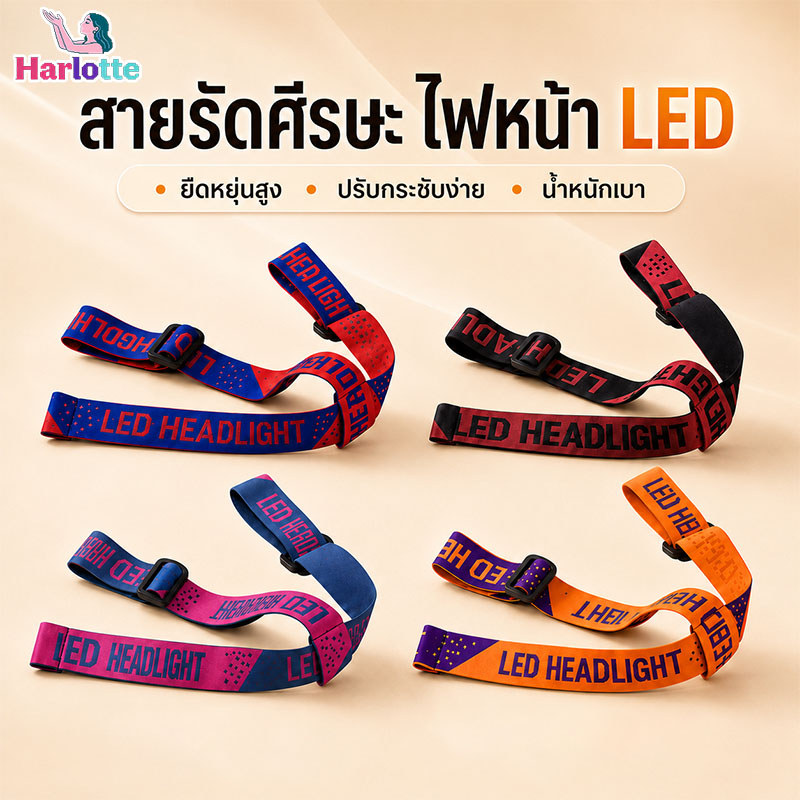สายรัดศีรษะสำหรับไฟหน้า LED ปรับได้ ยืดหยุ่นสูง สวมใส่สบาย พกพาสะดวก ทนทาน หลายสีให้เลือก