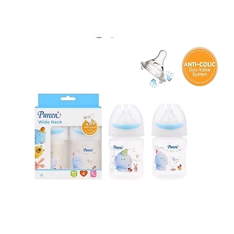 Pureenเพียวรีนขวดนมคอกว้างลายช้างฟ้า4oz&8oz (แพ็ค 2 ขวด)พร้อมจุกวาล์วคู่ ป้องกันโคลิค
