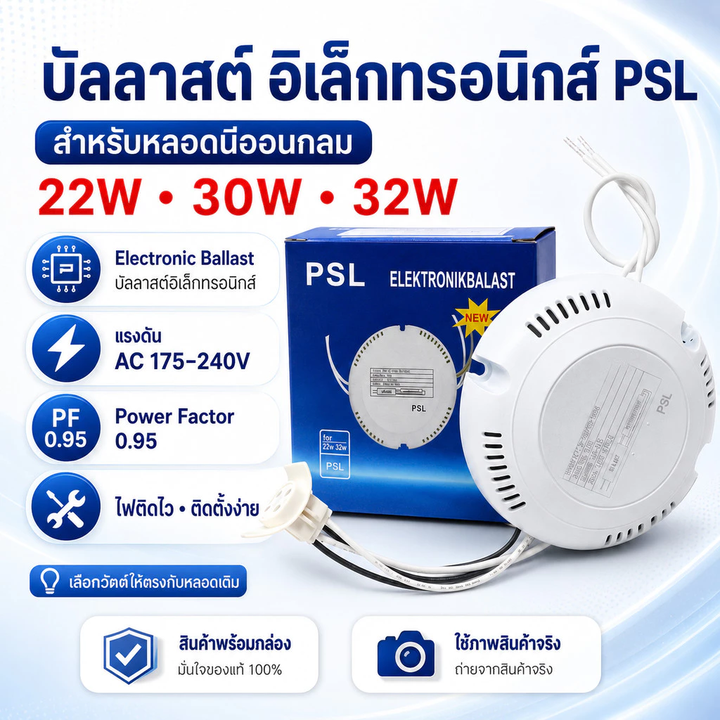 บัลลาสต์อิเล็กทรอนิกส์ PSL สำหรับหลอดนีออนกลม 22W 30W 32W Electronic Ballast ไฟติดไว ติดตั้งง่าย พร้อมกล่อง