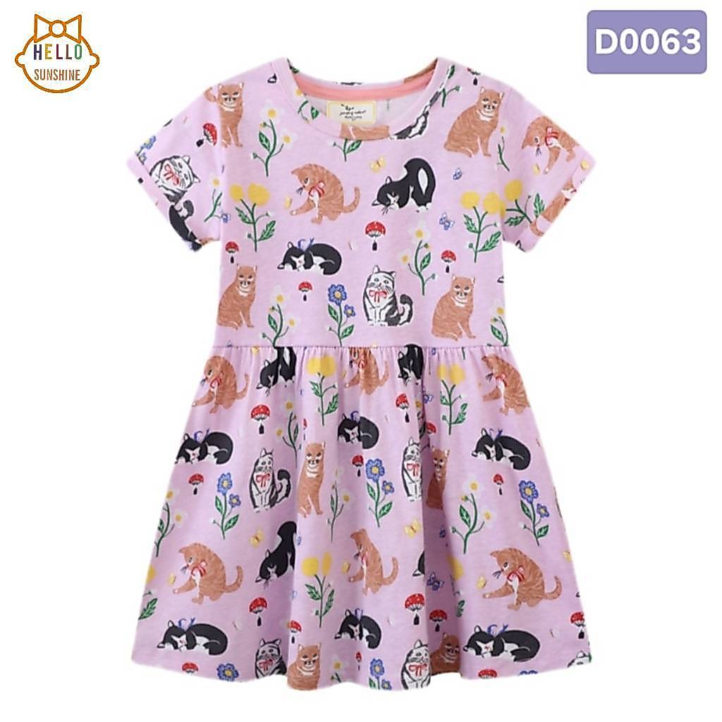 🐱พร้อมส่งจากไทย🐱 ชุดกระโปรงเด็กหญิง เดรสเด็กหญิงผ้าคอตตอน100% เดรสลายแมว สีม่วง