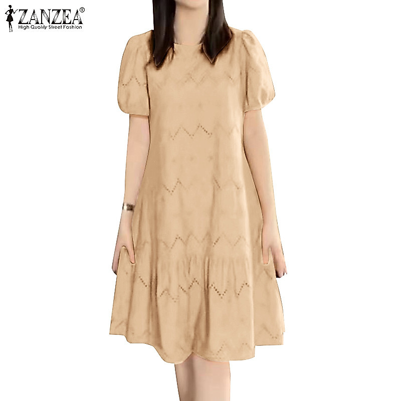 Zanzea ผู้หญิงเกาหลีลําลองรอบคอพัฟแขน Fishtail Hem Hollow เย็บปักถักร้อยชุด