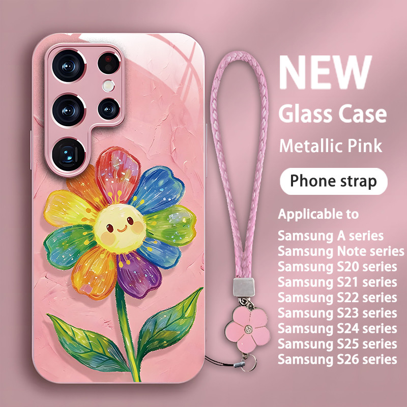 เคส Samsung Galaxy S26 S25+ S24 S23 S22 S21 S20 Note20 10 Ultra Edge FE A56 A55 A36 A35 A26 A25 A16 A15 A05 สายคล้องโทรศัพท์ กันกระแทก เคสฝาหลังแข็งกระจก ของขวัญ ลวดลายดอกทานตะวันหน้ายิ้ม,