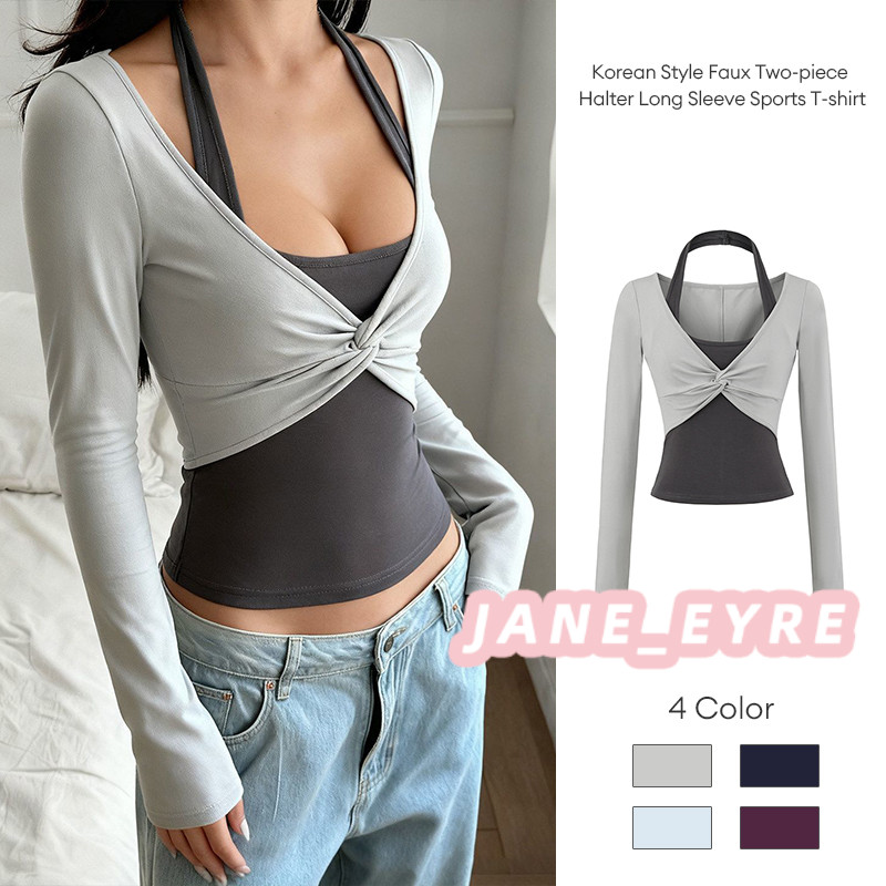 ปลอมสองชิ้นเหนือไหล่กีฬาเสื้อยืดแขนยาวผู้หญิงโยคะ Pilates สีบล็อกฟิตเนส Tank Top JN