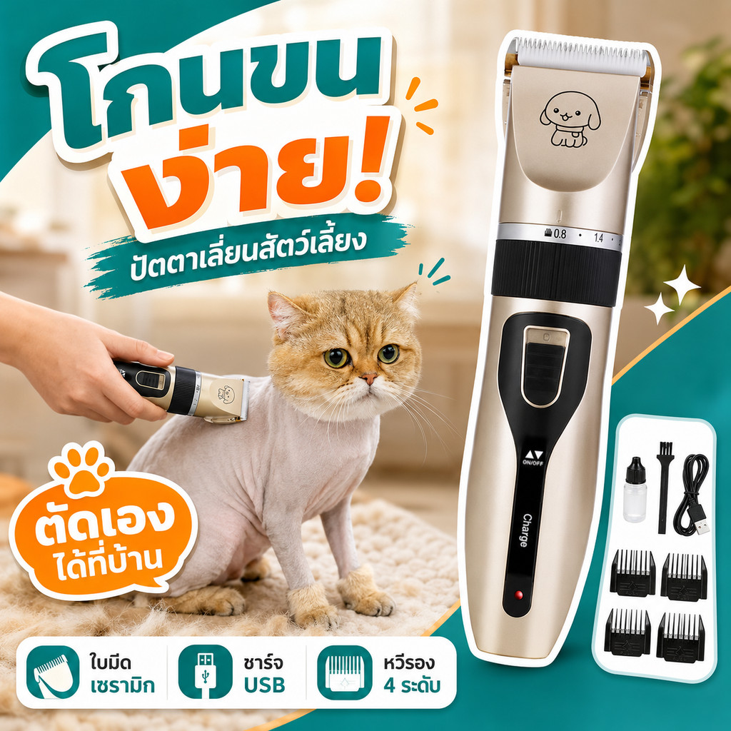 เครื่องตัดขนสัตว์เลี้ยง ปัตตาเลี่ยนแมวสุนัข USB ใบมีดเซรามิก พร้อมหวีรอง 4 ระดับ ปรับความยาวได้ อุปกรณ์แต่งขนที่บ้าน COD
