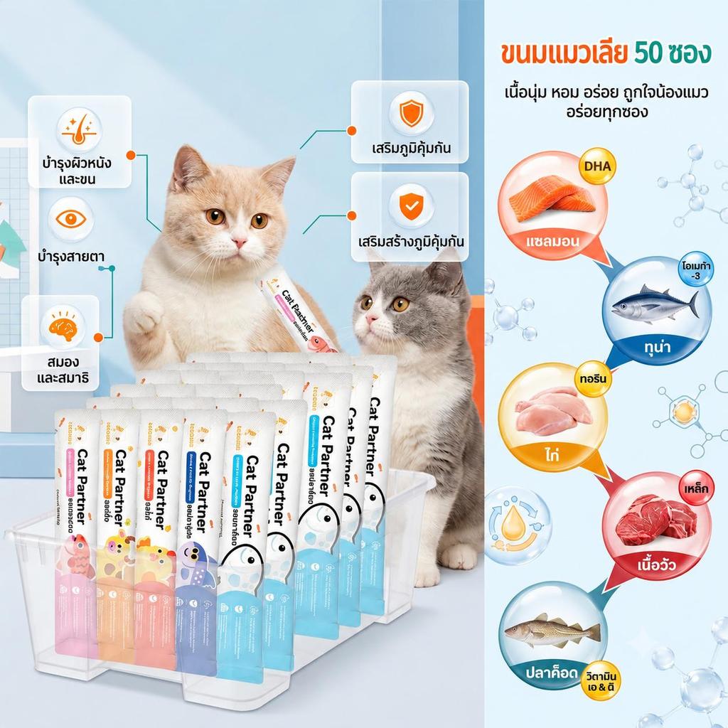 [50 ซอง] Ketzuzu ขนมแมวเลีย 16g ซอง สูตรปลาแท้ เนื้อเนียนนุ่ม อิ่มอร่อยทุกคำ ขนมแมว 16g อาหารเปียกแมว