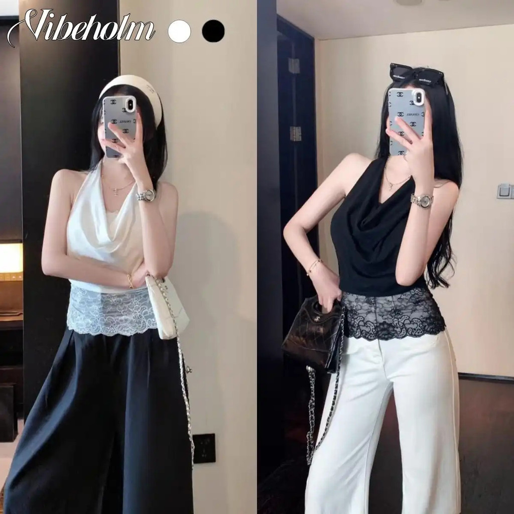 เสื้อกั๊กลูกไม้ผูกเชือกดีไซน์เปิดไหล่สไตล์สาวฮอตเซ็กซี่เข้ารูปสไตล์ชิ้นเดียวพร้อมแผ่นรองหน้าอกแบบสั้นเสื้อแขนกุดสไตล์ผู้หญิงไร้สายผ้านุ่มสวมใส่สบายยางยืดเสื้อรัดรูป