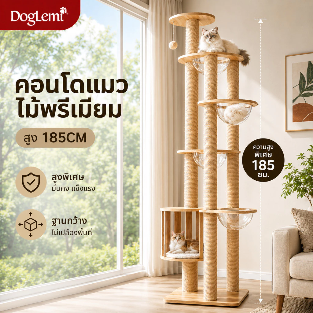 DogLemi】คอนโดแมว สูง185ซม. Cat Condo บ้านแมวไม้พรีเมียม เสาลับเล็บแมว หลุมนอนอะคริลิค 4 จุด คอนโดสัตว์เลี้ยง แมวตัวใหญ่ใ