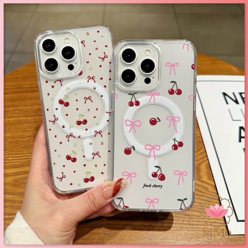 เคส iPhone 16 11 12 13 14 15 Pro Max เคส Pink Cherry and Ribbon xr xs Max 7 8 Plus เคสแม่เหล็กแบบแข็ง โปร่งใส PC