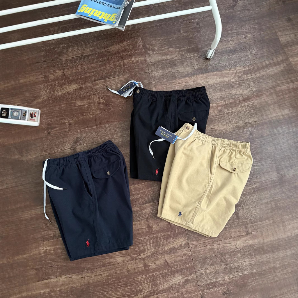 H1W6 RL# Embroidery Basic Casual Shorts Couple Style Solid Color Pure Cotton Summer Beach Shorts