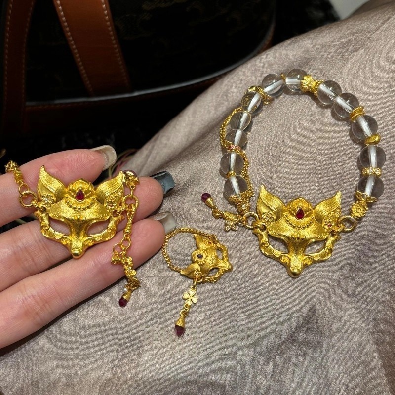 Lanyan Fox Face Gold หน้ากากจี้สร้อยคอ พร้อมสร้อยข้อมือคริสตัลสีขาว และอุปกรณ์เสริม FHD0904