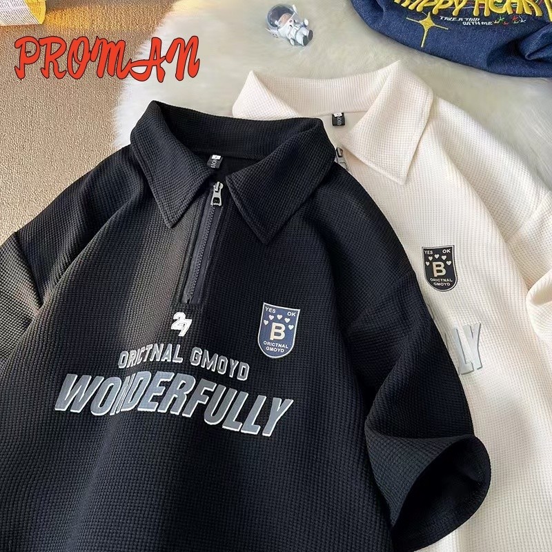 PROMAN-สไตล์อเมริกัน แนววินเทจ ยอดนิยม ซิปครึ่ง แขนสั้น ฤดูร้อน ชาย แบบหลวม พิมพ์ลาย polo เสื้อ