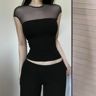 SultrySia สไตล์ลำลอง เซ็กซี่ เสื้อเซ็กซี่ เสื้อยืดแขนสั้น ดีเทลแต่งซีทรูด้านบนน่ารักมาก สีสดใส ยืดพอดี "FY1040"