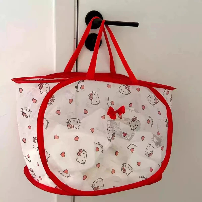อะนิเมะ Sanrio HelloKitty ตะกร้าซักผ้าสกปรกแบบพับได้ W40xD40xH30 ซม. Kawaii Kt แมวบ้านพับเสื้อผ้าตาข่ายเก็บกระเป๋าอุปกรณ์บ้าน