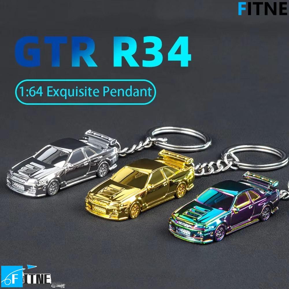 FITNE RS7 พวงกุญแจรถ, 1:64 Scale Electroplated GTR-R34 พวงกุญแจ,แฟชั่นเครื่องประดับของขวัญจําลองสเปร