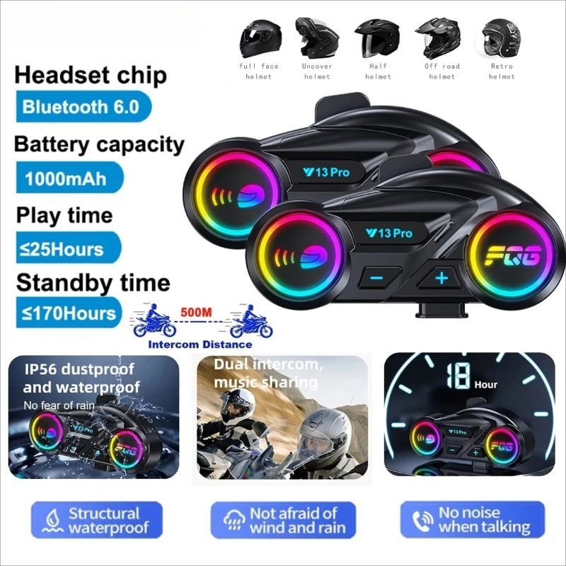 Y13 Pro หมวกกันน็อคชุดหูฟังอินเตอร์คอม 500M Dual Bluetooth 6.0 RGB เอฟเฟกต์แสงรองรับเชื่อมต่อกับเครื