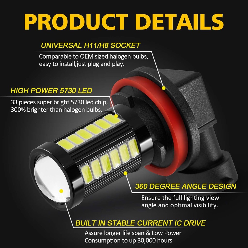 AUXLIGHT H11 H8 H11LL H8LL H16 (ญี่ปุ่น) หลอดไฟ LED หมอก 6000K Xenon สีขาว, Super Bright 2800 Lumens