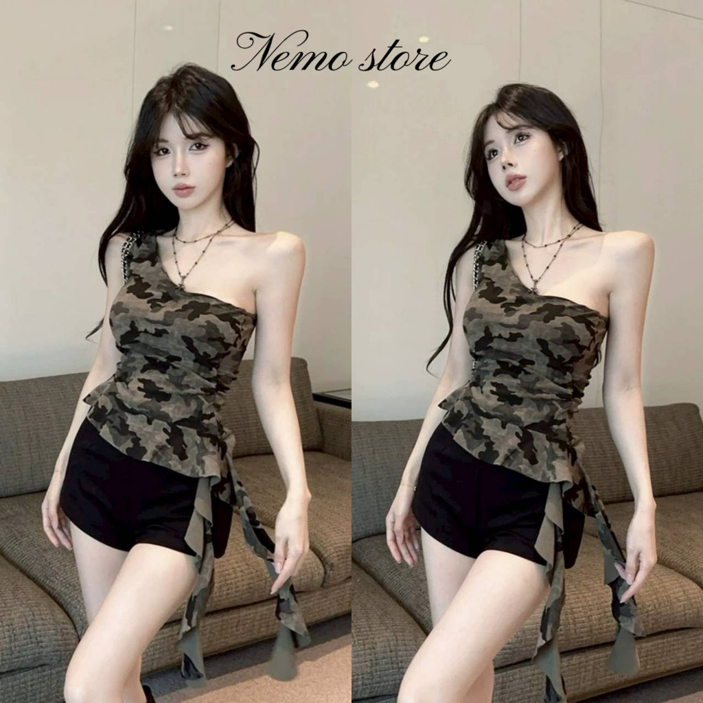 Nemo store🌸#FY5113 เสื้อกล้ามลายพรางน่ารักมาก สีเขียวทหารเท้ เสริมฟองน้ำใส่ง่าย