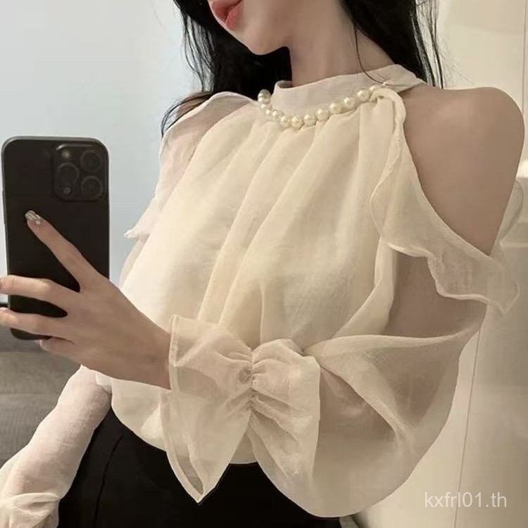 Xiaoxiang แขนยาว Halter คอชีฟอง Top สำหรับผู้หญิง เสื้อผ้าฤดูใบไม้ผลิ สไตล์ใหม่ สง่าผ่าเผย 9SPK