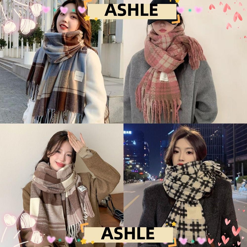 ASHLE ผ้าพันคอพู่ยาวลายสก๊อต สไตล์หรูหรา อบอุ่นและนุ่มสำหรับฤดูหนาว สีชมพูกุหลาบ Pashmina สำหรับผู้หญิง