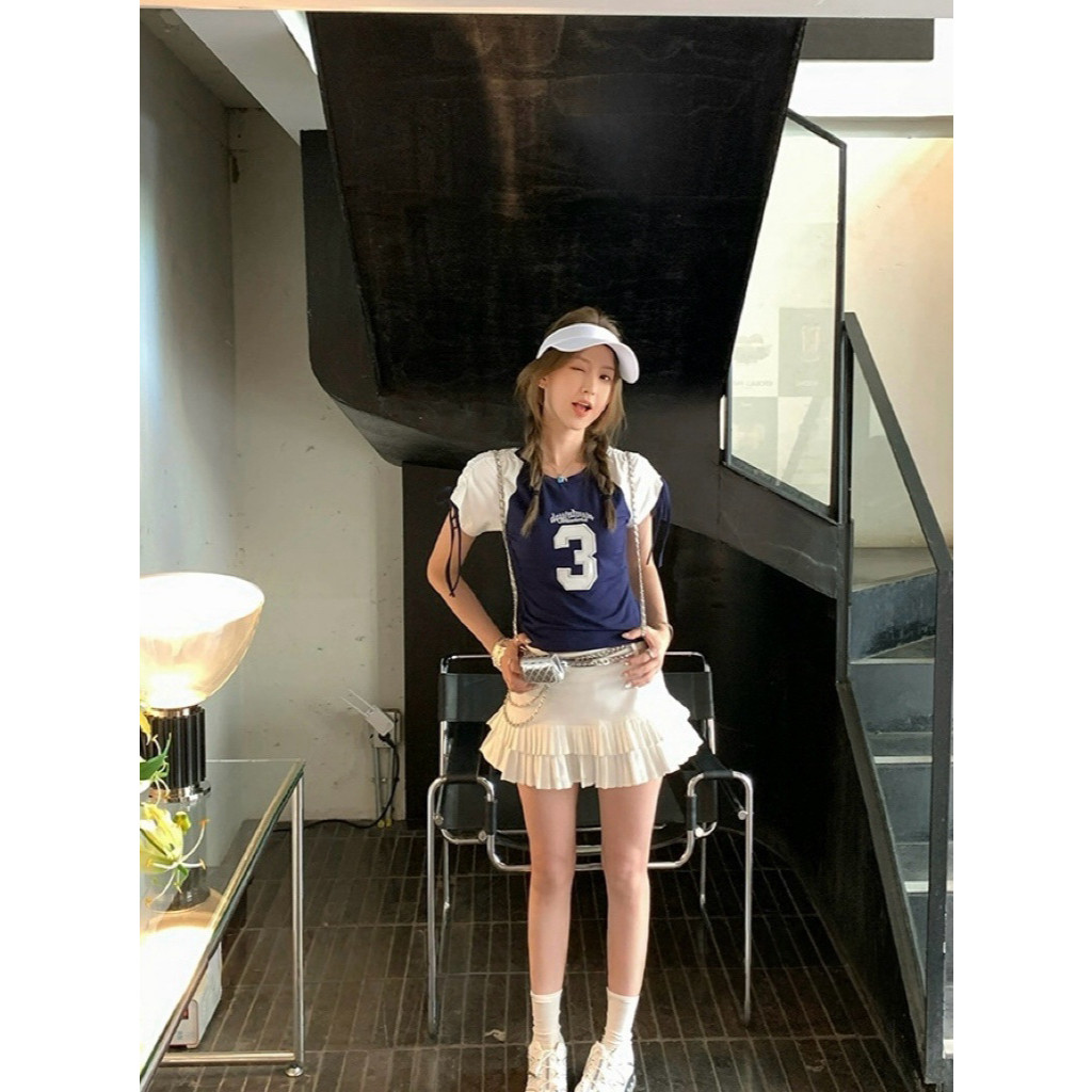 🧡🧵 🇰🇷 W6486 เสื้อแขนสั้น แต่งสลับสี สกรีนเลข 3 แต่งเชือกตรงแขน แฟชั่นเกาหลี TAG WG.WE 🧵🧡 - รูปที่ 4