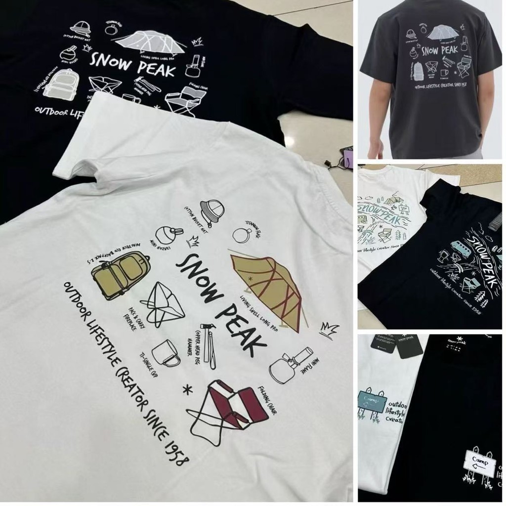 Spot Snow Peak เต็นท์ด้านหลังผ้าฝ้ายแท้สําหรับผู้ชายและผู้หญิงการ์ตูนแคมป์ปิ้งพิมพ์เสื้อยืดแขนสั้น S