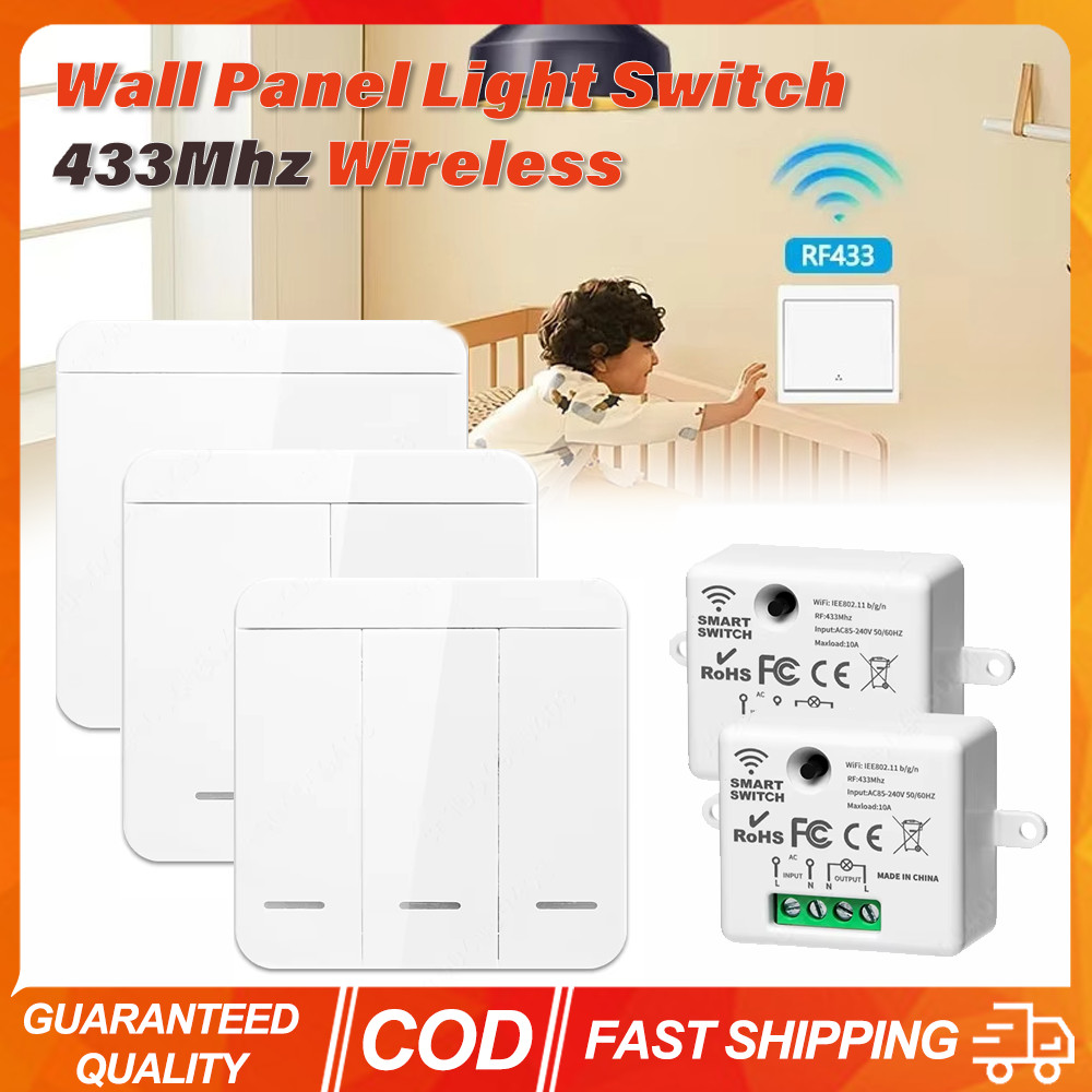 (COD) 433Mhz Wireless Wall Panel สวิตช์ไฟ 1/2/3 Gang รีโมทคอนโทรลสมาร์ทสวิทช์ AC100–240V 16A สําหรับหลอดไฟ Led พัดลม Home Lighting