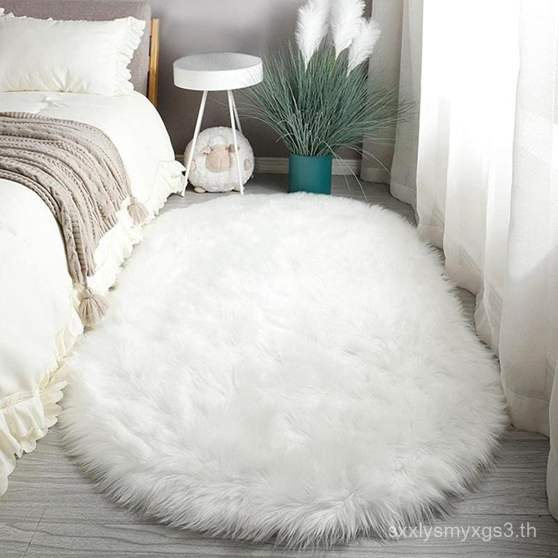 Modern Solid Color Oval Shaped Soft Fluffy Shaggy Boho Rug, 1 Count Non-slip Faux Fur Bedroom Floor 