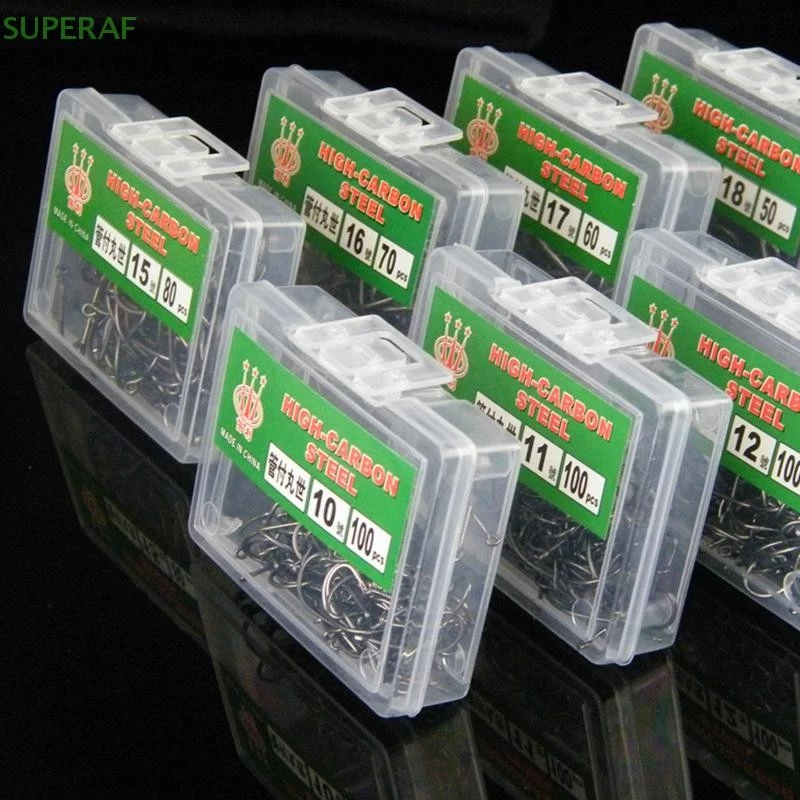 SUPERAF 100 ชิ้นชนิดบรรจุกล่องหลอด Maruse ตะขอเหล็กคาร์บอนสูง Coon และตะขอตกปลาทะเลพร้อมแหวนและ Barbed ลวดร้อน