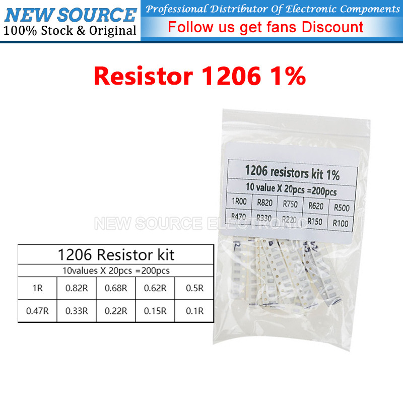 [200PCS] 1206 SMD Resistor Assorted Kit 10ValuesX 20PCS 1% 0.1R 1R 0.22R 0.33R 0.47R 0.15R 0.68R Ohm