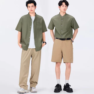 GENIO LAMODE เสื้อเชิ้ตแขนสั้นค่าตั้งแบบ UNISEX ทำจากผ้าลินิน imitation เสื้อคลุมสไตล์จีนสมัยใหม่ สบายๆ ใส่ในฤดูร้อน ระบายอากาศได้ดี สวมใส่สบาย มีขนาดใหญ่พิเศษ