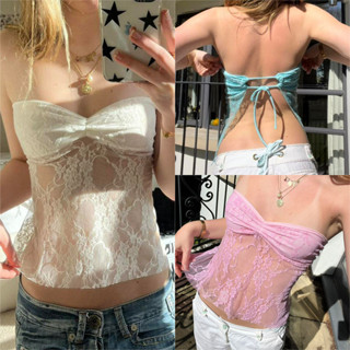 💖Miqi💖เสื้อเกาะอก เว้าหลัง เปิดไหล่ ลายลูกไม้ดีเทลผูกหลัง ใส…