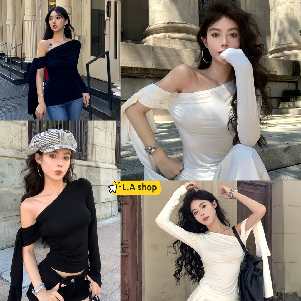 L.A Shop🌟เสื้อยืดแขนสั้นสไตล์เกาหลีฤดูร้อนสำหรับผู้หญิง ดีไซน์ไม่สมมาตร ผ่าไหล่เฉียง "FY2753"