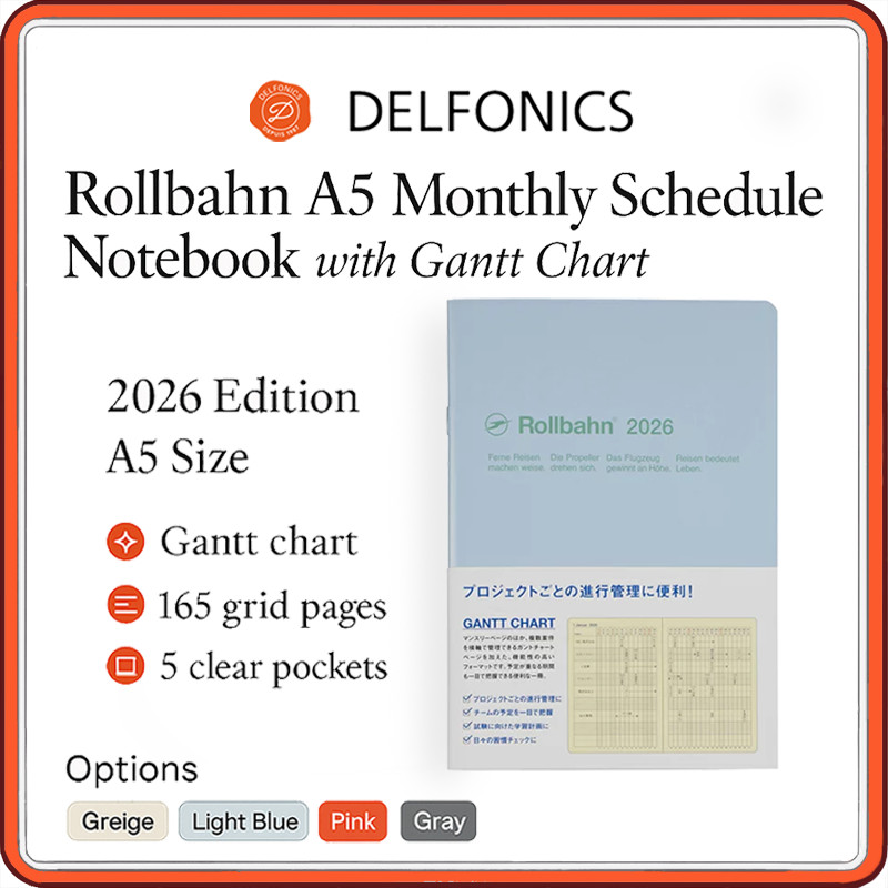 DEL FONICS Rollbahn A5 Planner 2026 – Monthly Schedule Notebook with Gantt Chart | 5 Colors (Light B
