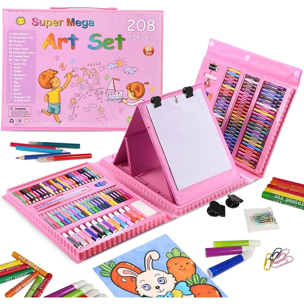 ชุดอุปกรณ์วาดภาพเด็ก 208 ชิ้น พร้อมกล่อง (สำหรับเด็กผู้หญิง) สีไม้/สีเทียน/สีชอล์กน้ำ ของขวัญวันเกิด