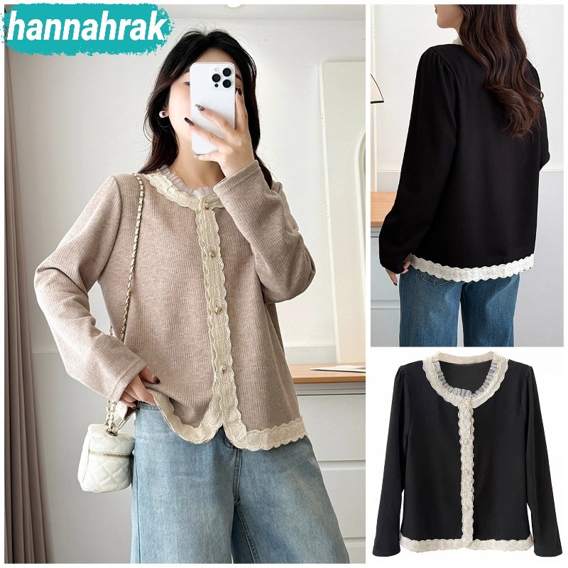 (ส่งจากกรุงเทพฯ)เสื้อคลุมแขนยาว กันหนาว ผ้านุ่ม คอกลม กระเป๋าแต่ง แต่งลูกไม้ กระดุมมุก (สีดำ, สีเทา, แอปริคอท)