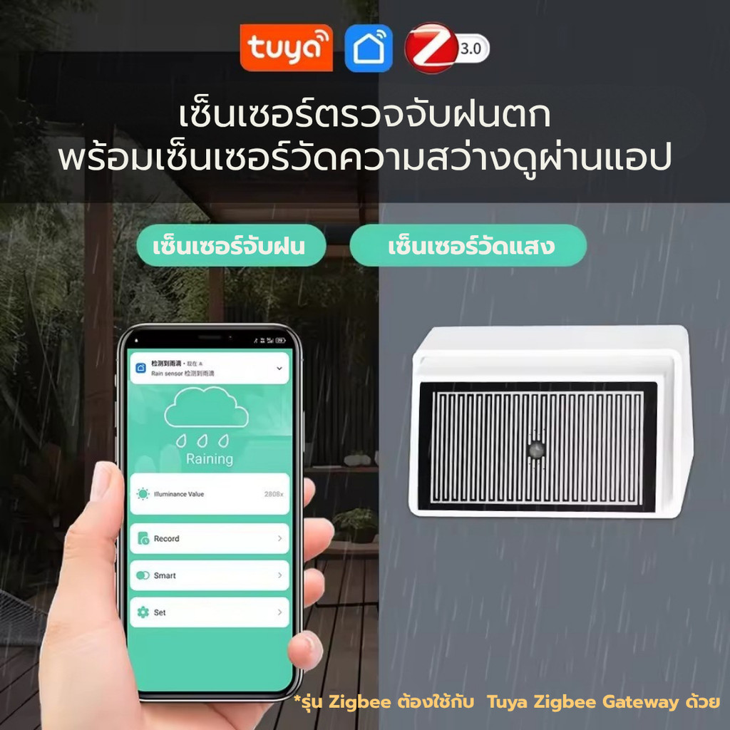 Tuya เซ็นเซอร์แจ้งเตือนฝนตก Zigbee พร้อมเซ็นเซอร์วัดแสง (ZG-223Z) แบบใช้แบต ตั้งเงื่อนไขอัตโนมัติได้