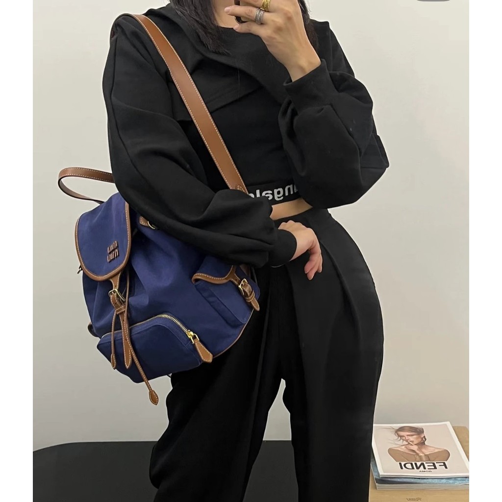Miu 25ss Show Style Cowhide Canvas Stitching Backpack Series Size Size