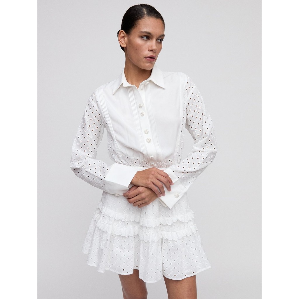 [Pomelo] เดรสเชิ้ตลายฉลุแต่งชายระบาย / Eyelet Ruffled Shirt Dress