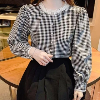 Chili Koko เสื้อเชิ้ต ลายสก็อต สไตล์เรโทรฝรั่งเศส คอกลม ลูกไม้ระดับไฮเอนด์ สำหรับผู้หญิง แขนยาว เสื้อเรียบหรู 99217