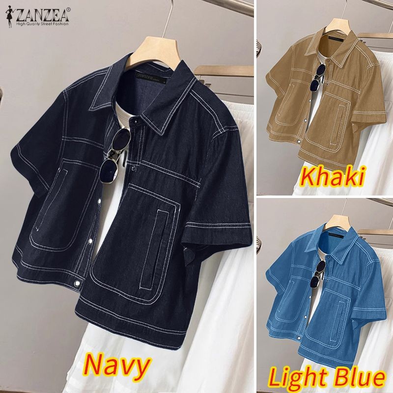 ZANZEA เสื้อเชิ้ตแขนสั้นสไตล์เกาหลี สำหรับผู้หญิง แต่งกายดูมีสไตล์ในทุกโอกาส ราคา ถูกที่สุด ดีลบีเคเค แกลเลอรีภาพที่ 3