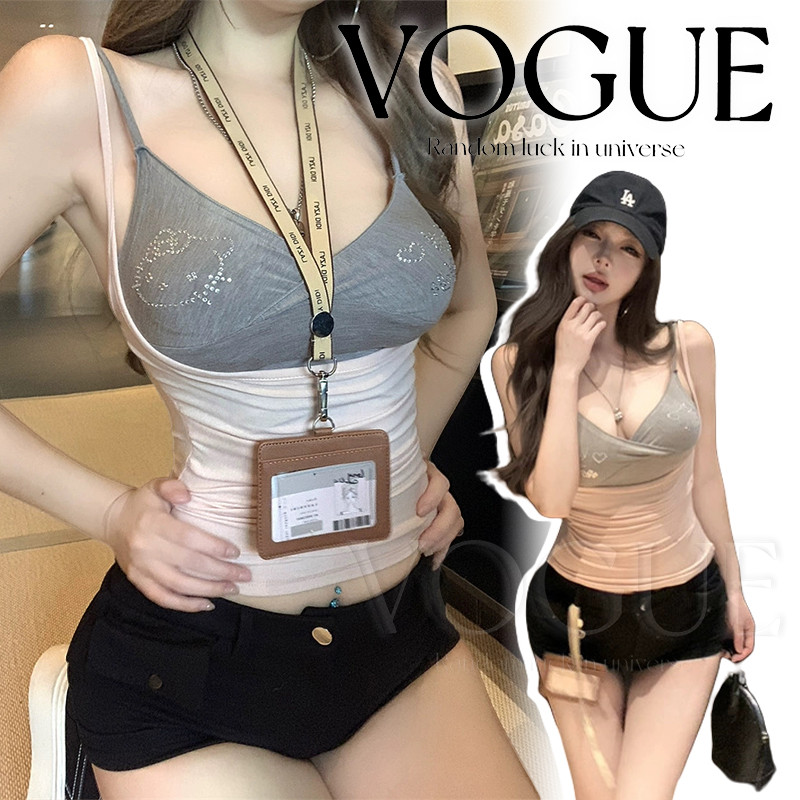 Vogue🌟พร้อมส่ง🌟 เสื้อแขนยาว+สายเดี่ยว สีชมพูเทา ยืดพอดีตัว เสริมฟองน้ำ สไตล์เกาหลี (FY954/FY955)