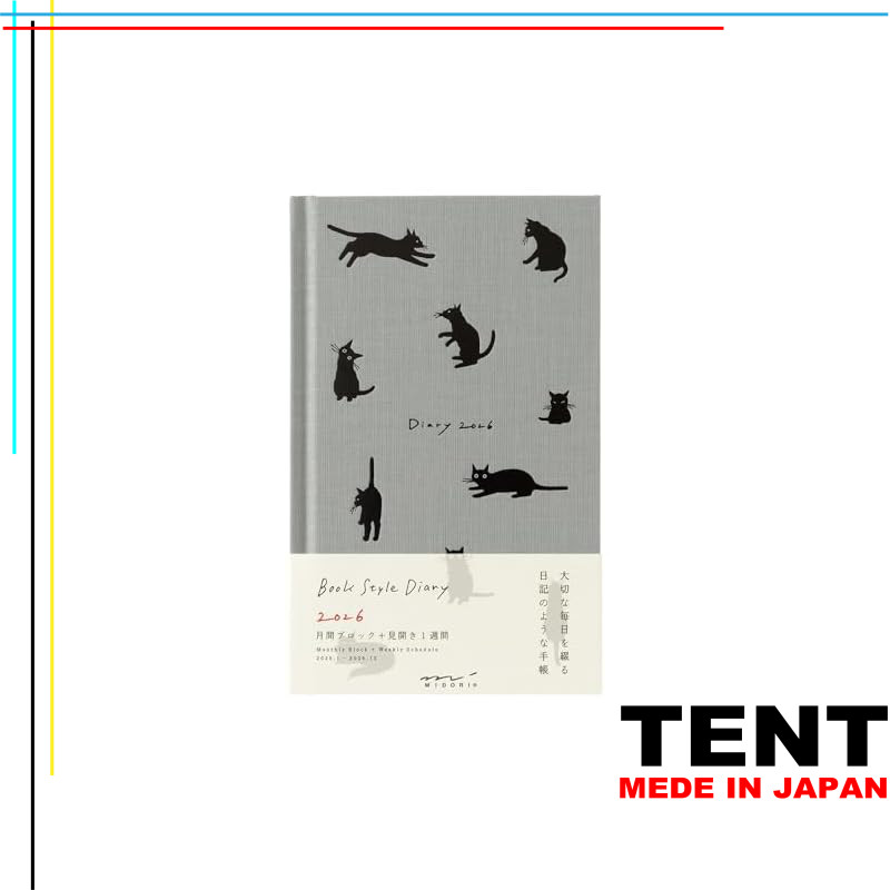 Midori Book Style Diary Planner 2026 B6 Variant Weekly Cat Design - Navy/Gray (Starts January 2026)