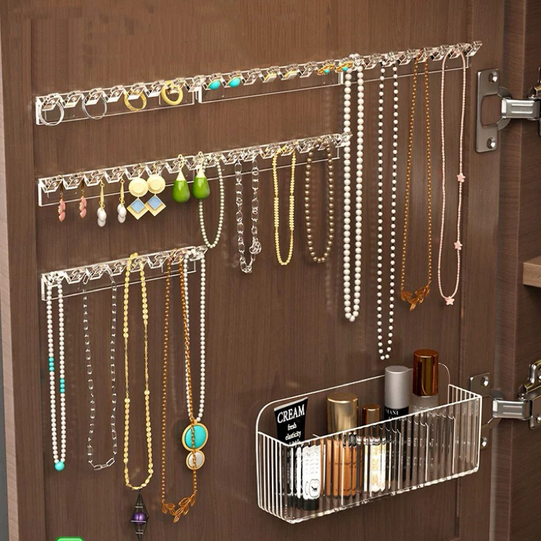 ป้องกันการพันกัน โปร่งใส 8 หลุม Jewellery Organizer ด้านหลังกระจกตู้ประตูสร้อยคอสร้อยข้อมือต่างหูแถวตะขอติดผนัง Jewellery ชั้นวางจอแสดงผล