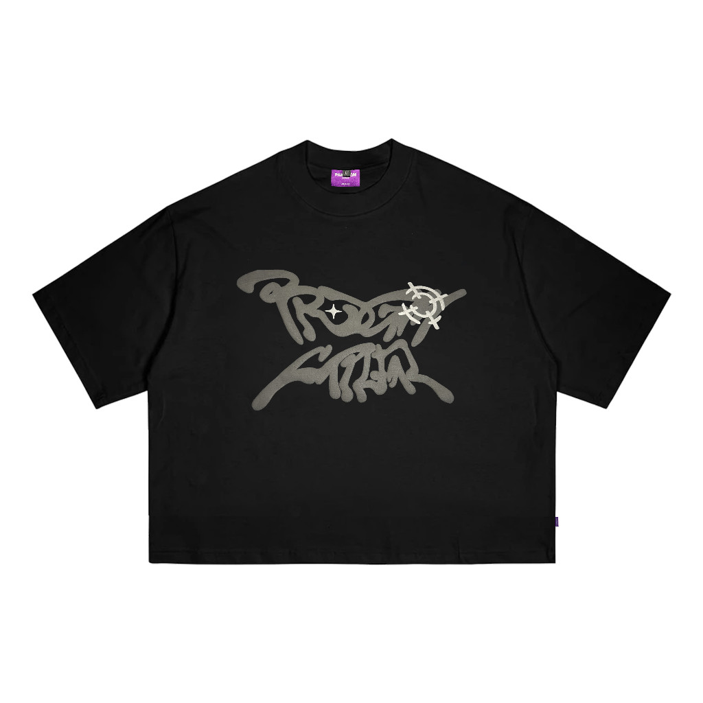 แฟชั่นการพิมพ์เสื้อยืด | กล่องตัด | Burnout Puff Ink | สีดํา สีดํา | ไปรษณีย์ป่าเถื่อนระบายอากาศ