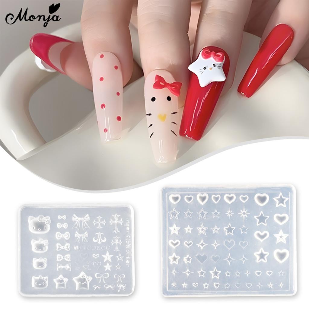 Monja เล็บแม่พิมพ์ 3D Hello Kitty Bowknot Heart ซิลิโคน Stamplates นํากลับมาใช้ใหม่น่ารักเล็บ Mould