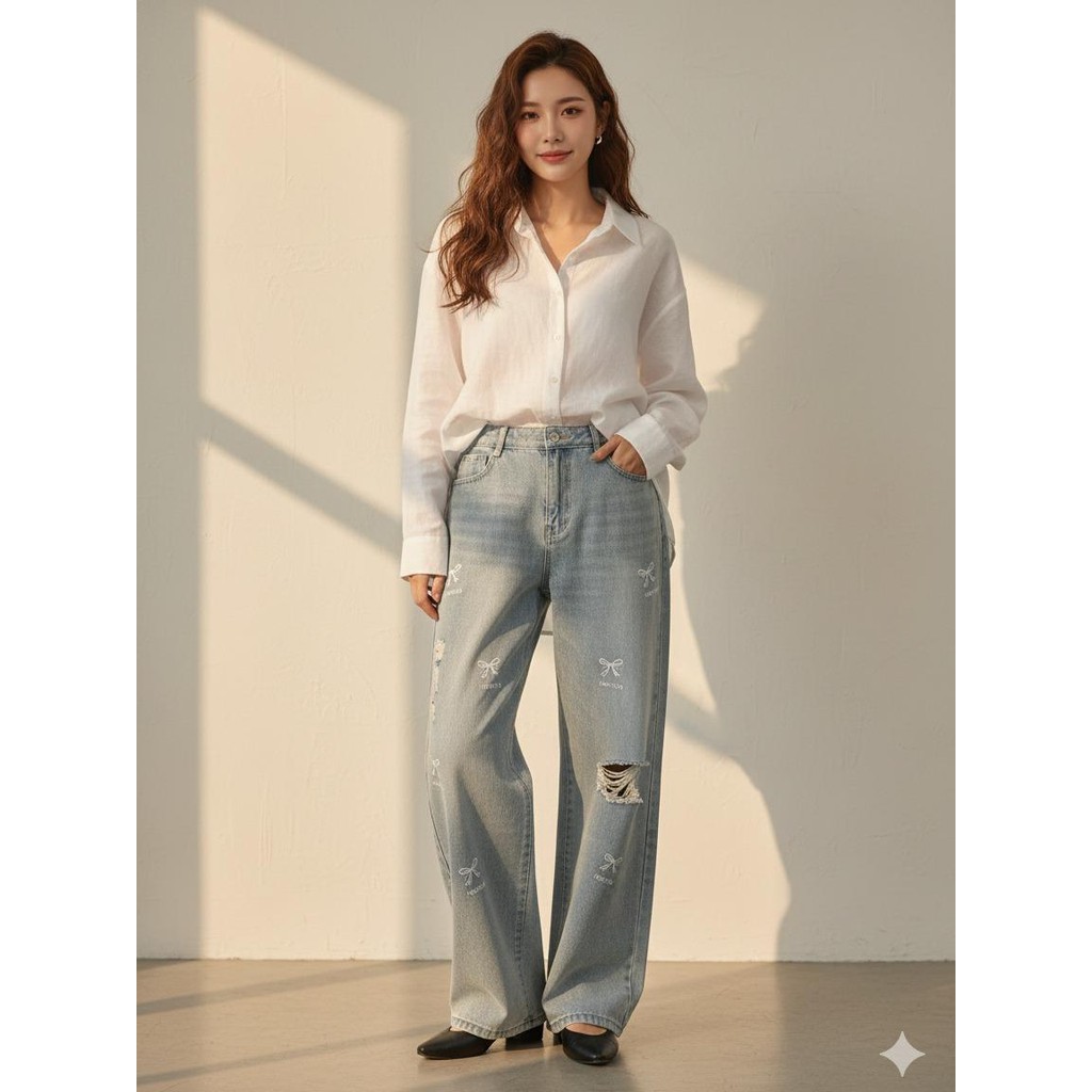 NAMCHAกางเกงยีนส์ทรงกระบอกกลางเอวสูง กระบอกลิซ่า ติดโบว์ปักNAMCHA 2706