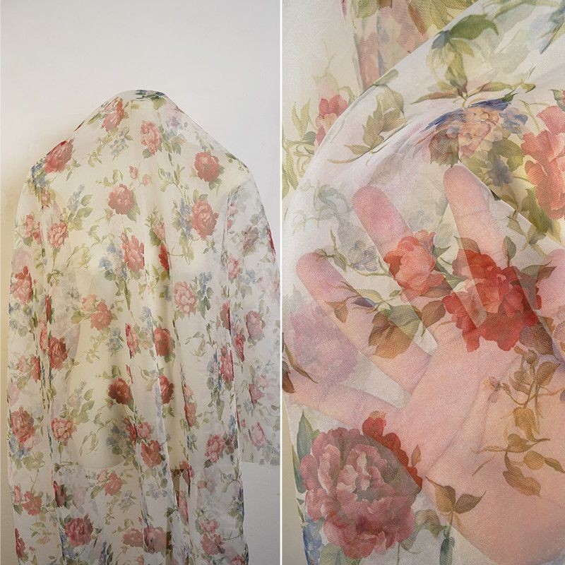 ผ้าทำเดรสออร์แกนซ่า พิมพ์ดอกกุหลาบฝรั่งเศสวินเทจ ต้านริ้วรอย