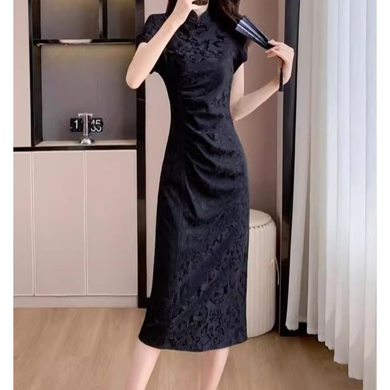 中立领气质2025提花连衣裙夏季新款风黑色扣显瘦สไตล์จีนยืนปกหรูหรา 2025 jacquard dress3e5x9st7j3my20251012