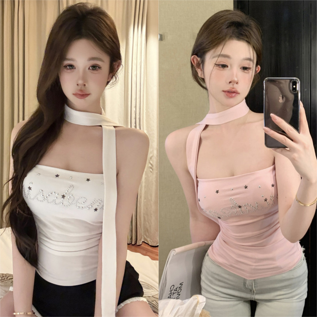 🌸Vianney🌸เสื้อเกาะอก มฟองน้ำ สีพื้น แถมสายคล้องคอ เข้ารูป ผ้ายืด เสื้อครอป สไตล์เกาหลี แฟชั่น#FY943